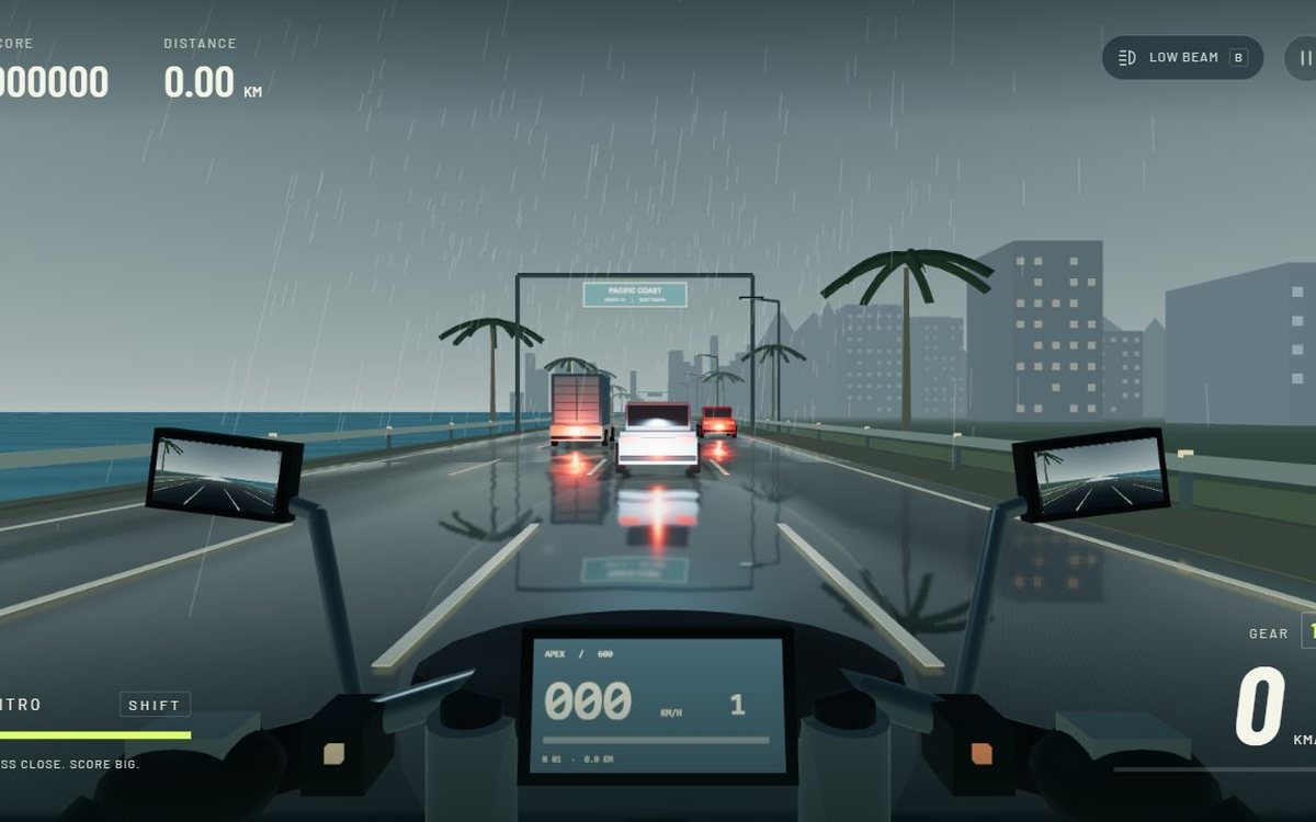 Apex Rider in a storm: first-person view over motorcycle handlebars with rear-view mirrors, wet highway reflections, palm trees and traffic ahead