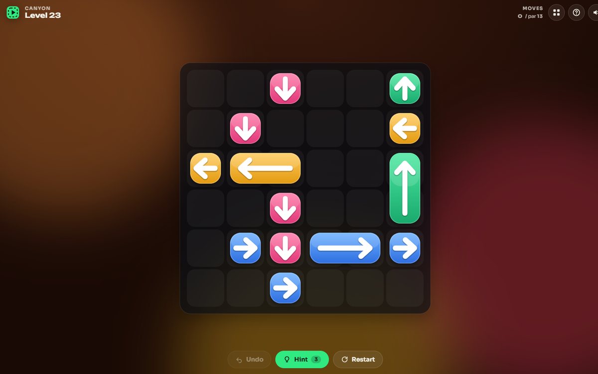 Arrowscape board: coloured arrow tiles on a dark grid over a glowing green-and-blue background