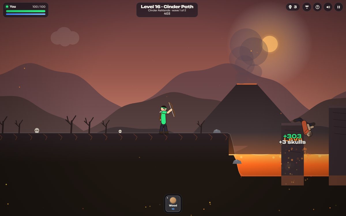 Bowfall in the Cinder Ashlands: a ragdoll archer on dark rock faces basalt pillars over glowing lava under a volcano, a bot archer knocked into the lava with +303 points floating up