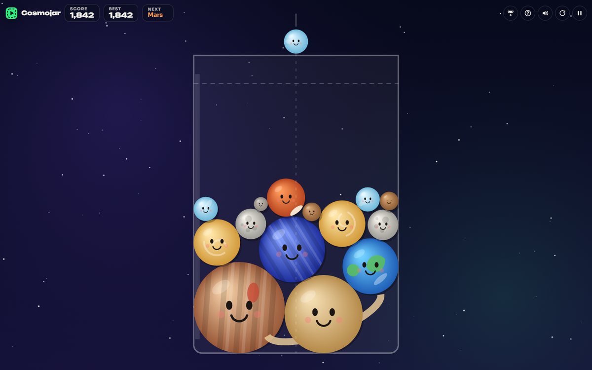 Cosmojar: a glass jar on a starry night sky half full of smiling planets, Jupiter and Saturn at the bottom, Earth, Mars and moons stacked above, a comet waiting to drop
