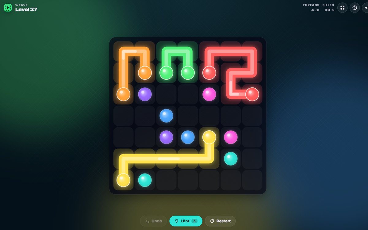 Dotweave board: glowing coloured threads joining pairs of dots on a dark grid