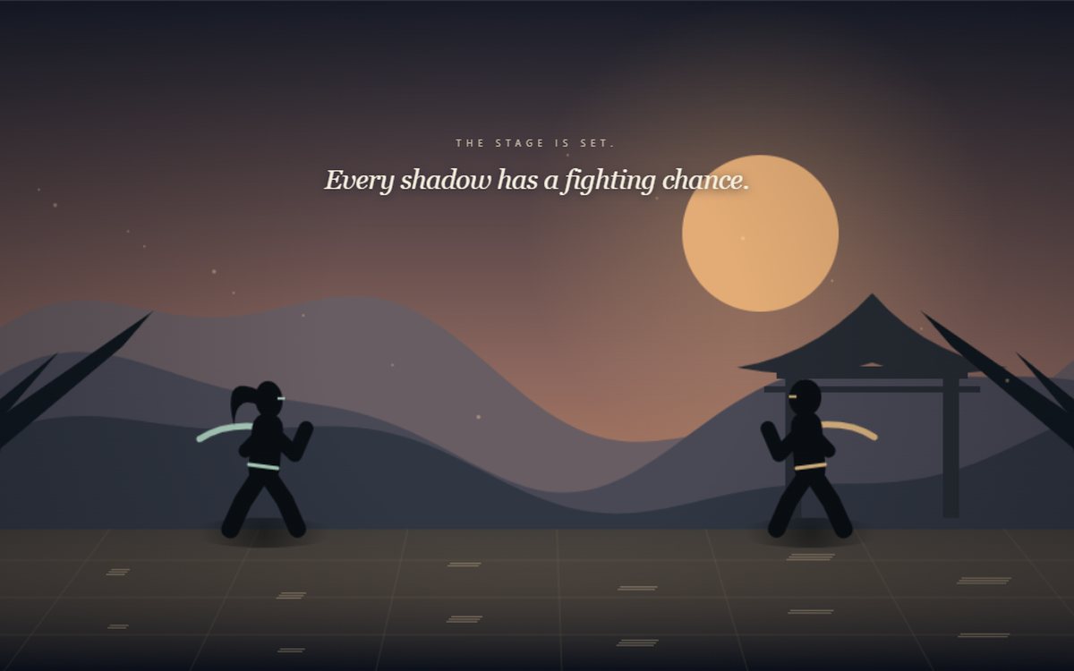 Dusk Duel landing page with the fighter picker and the twilight courtyard arena