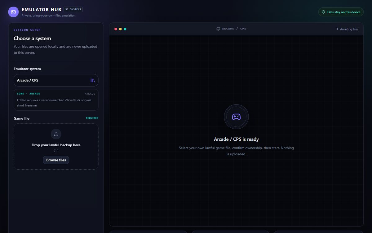 Emulator Hub with the system picker set to Arcade / CPS and an empty game file drop zone