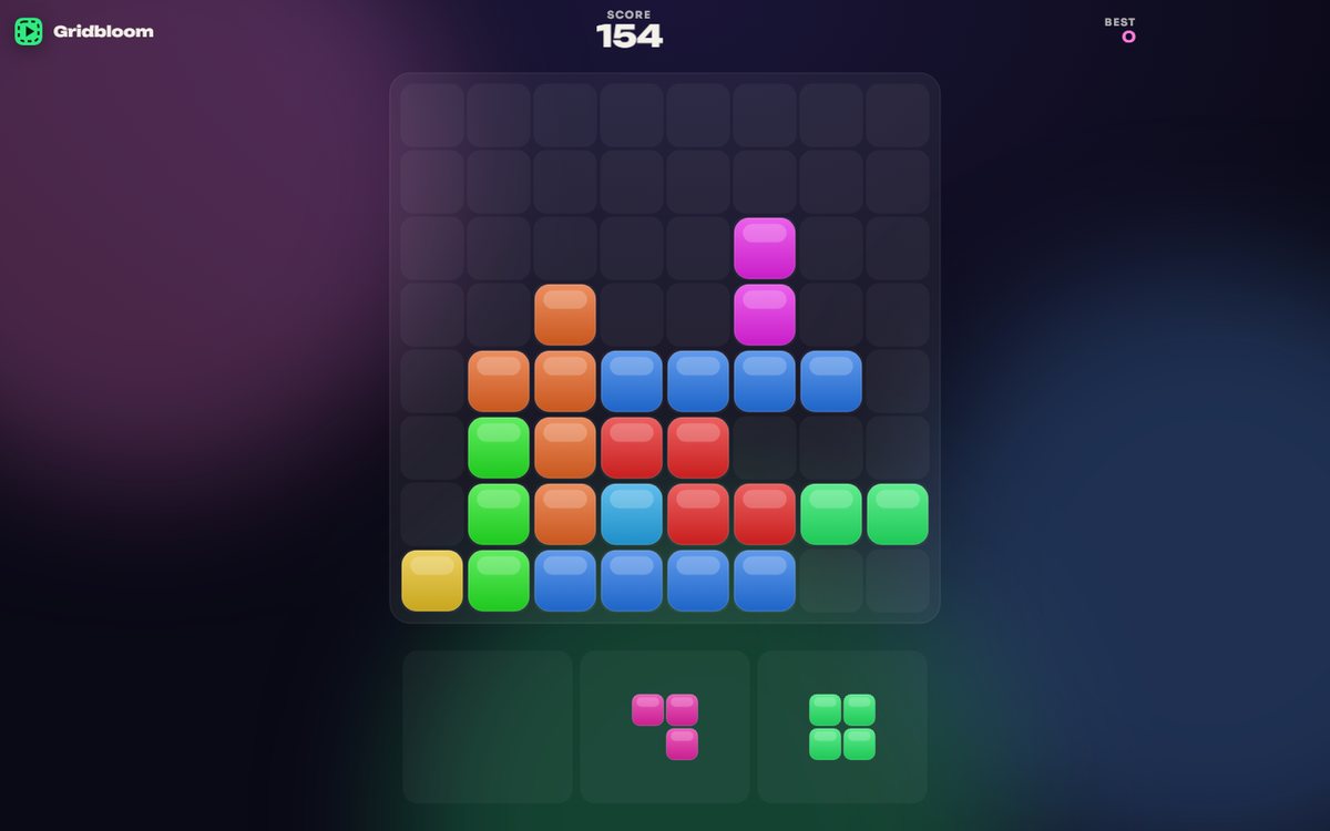 Gridbloom board: glossy coloured blocks on a dark 8x8 grid with three pieces waiting in the tray below