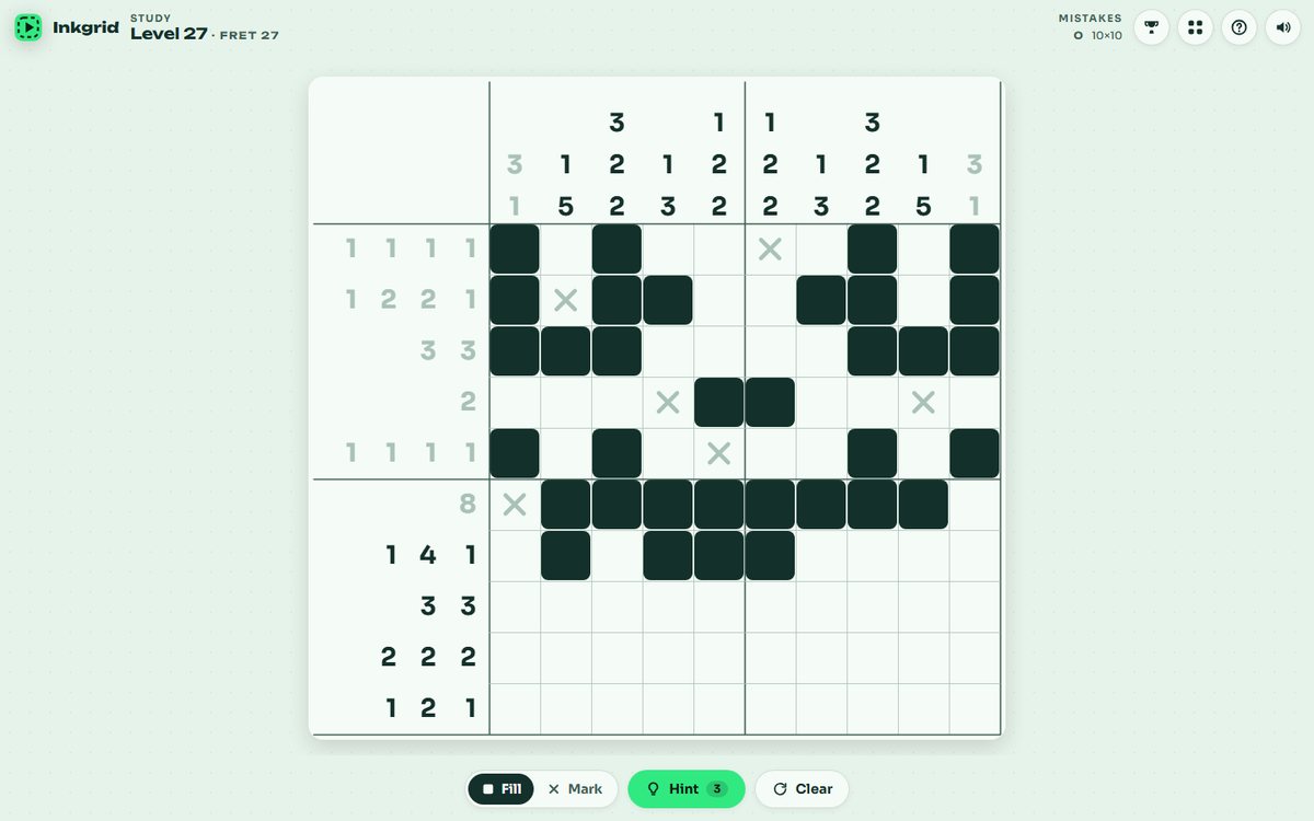 Inkgrid puzzle: a nonogram grid on cream paper with number clues along the top and left and a half-finished inked picture