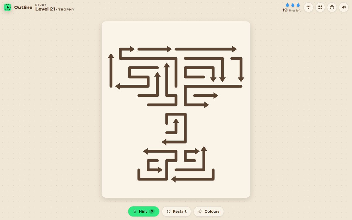 Outline puzzle: a trophy drawn as winding brown lines with arrowheads on cream paper, three blue drops in the corner