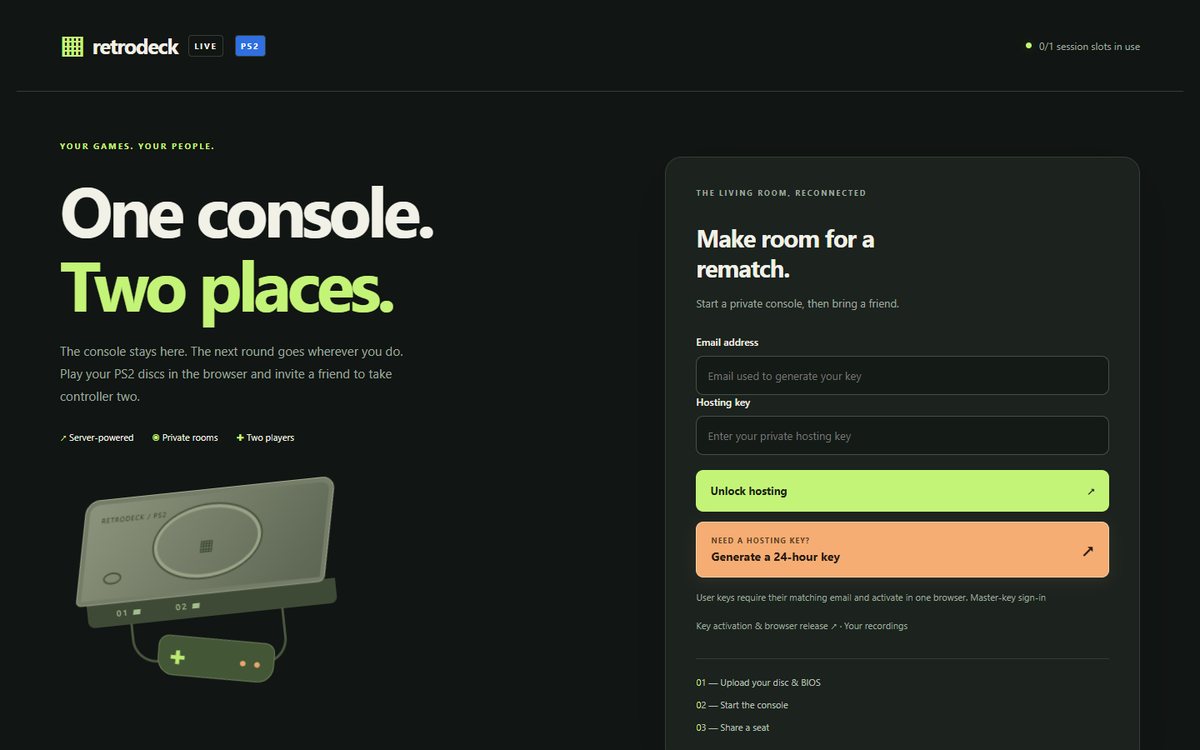 RetroDeck Live PS2 landing page with the PS2 badge and the hosting key form