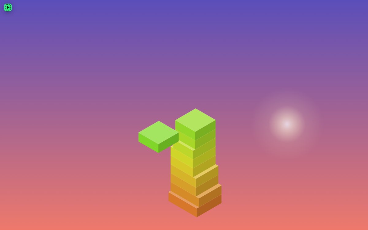 Stackrise tower of pastel isometric blocks climbing into a dusk sky with a sliding block on top